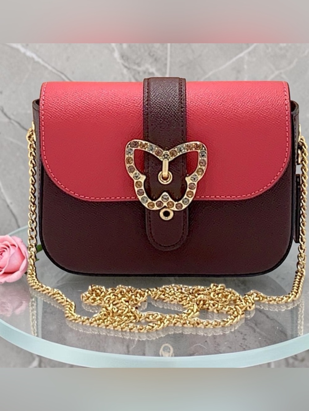 Coach Two-Tone Pink and Brown Crossbody with Gold Butterfly Accent